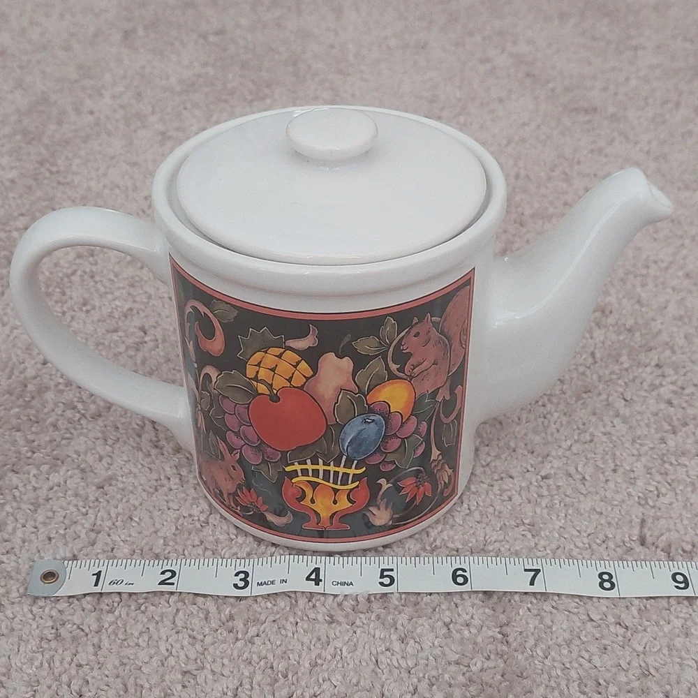 CBK LTD. White Ceramic Teapot with Colorful Nature Design NIB
